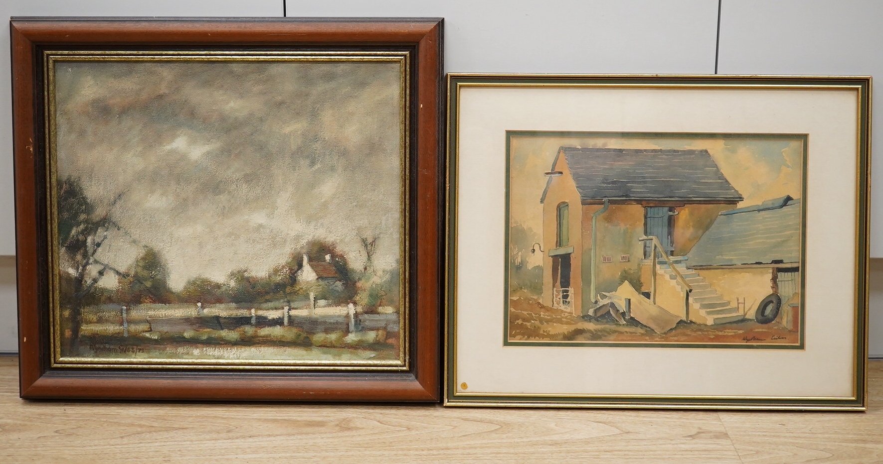 Wyndham Edwin George Giles, an oil on canvas, Stormy landscape, signed and dated ‘72, together with a watercolour by the same artist, ‘Farm Buildings, Staffordshire’, largest 34 x 39cm. Condition - fair to good